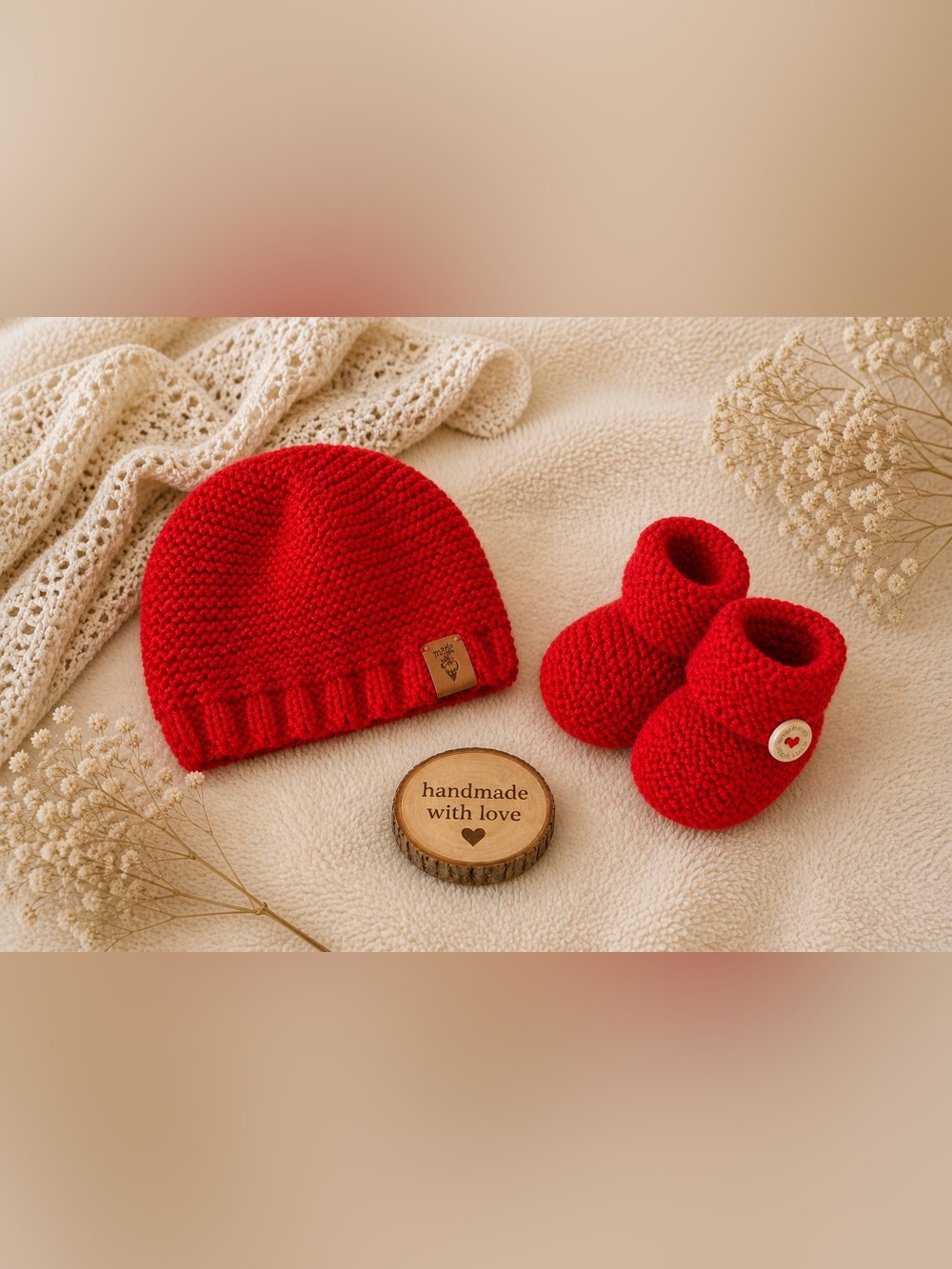 Handmade Red Knit Baby Beanie and Booties Set